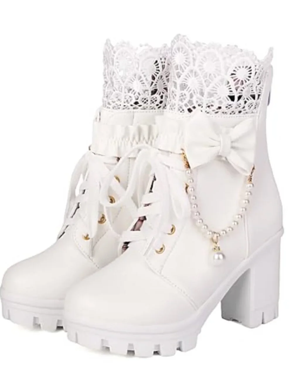 Faux Leather Platform Ankle Boots with Pearl Chain Bow Chunky High Heel Gothic